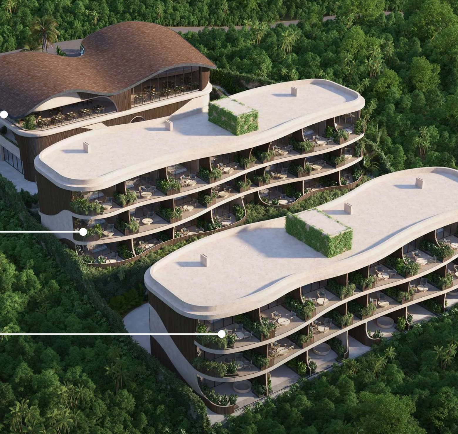 Aerial view of Luma Biohacking Resort on the Uluwatu cliff, surrounded by jungle