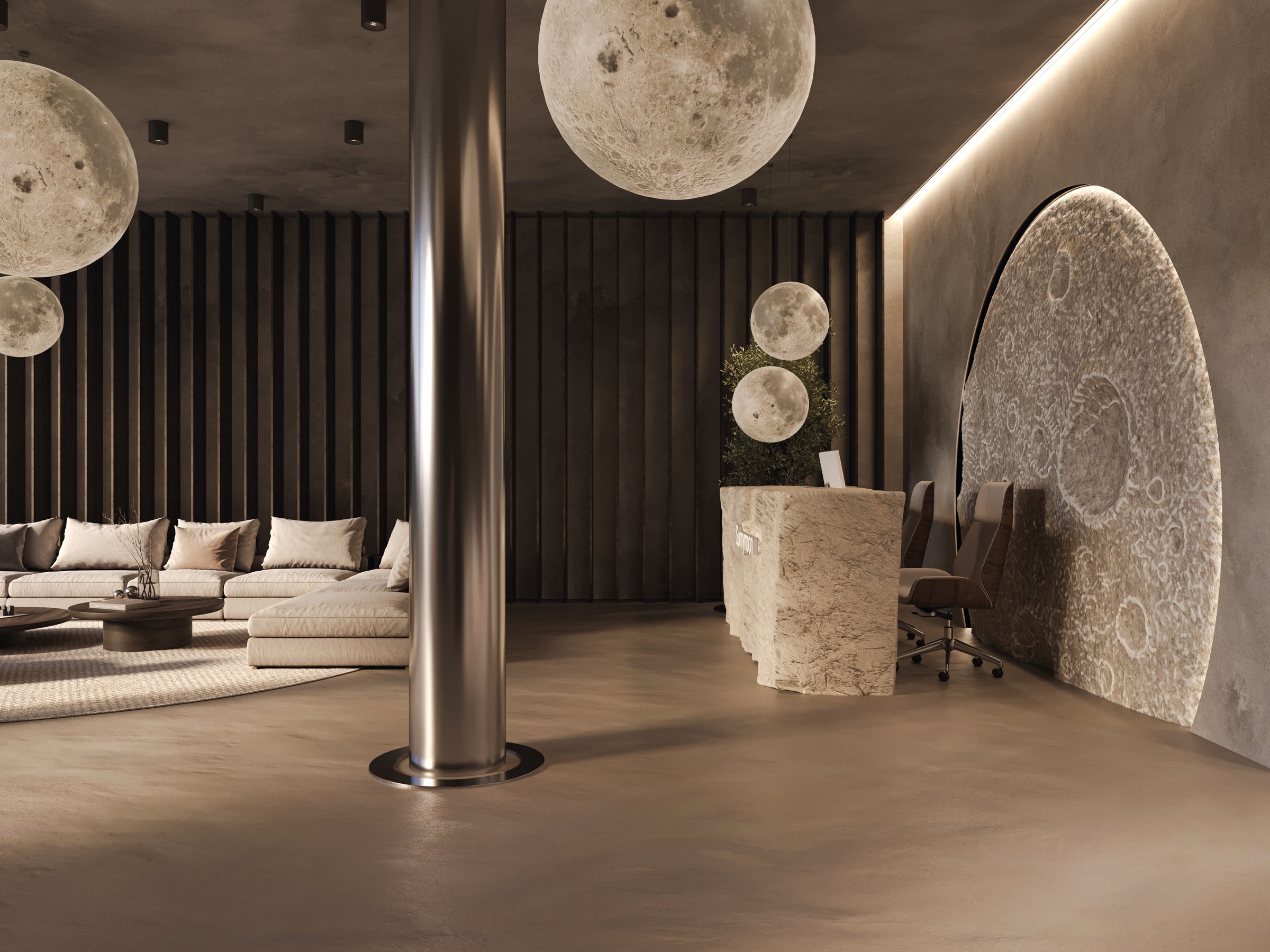 Lobby — moon spheres and stone wall