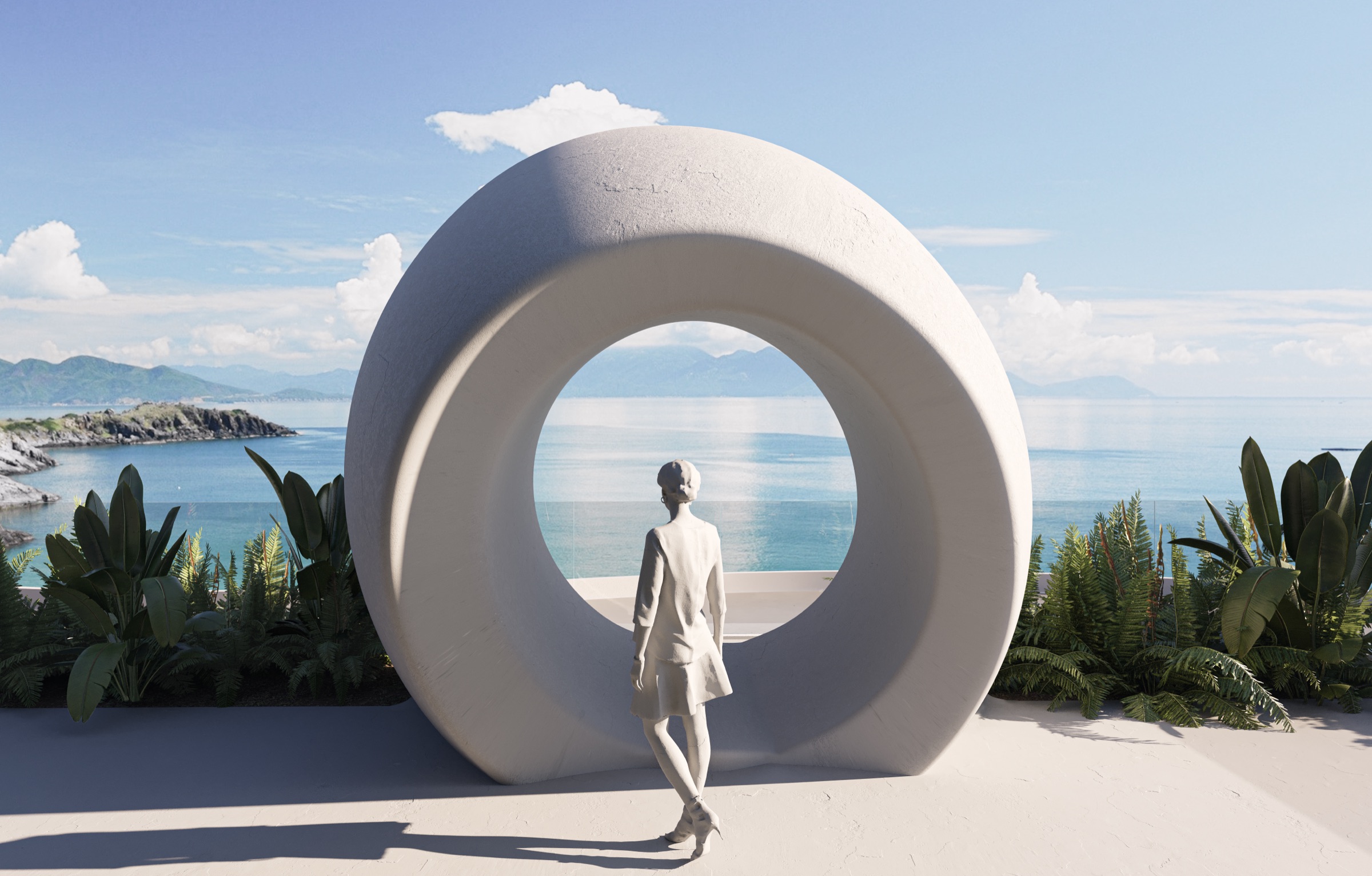A figure framed by a circular concrete arch overlooking the Andaman Sea