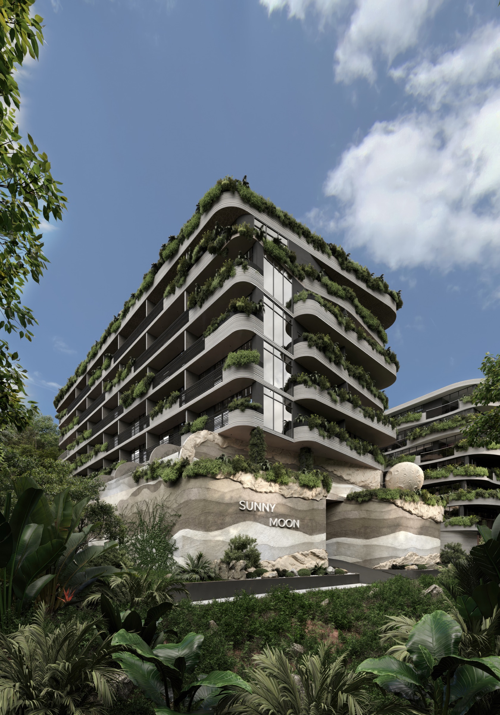 Aerial view of Sunny Moon — three buildings with vertical greenery and Andaman Sea backdrop