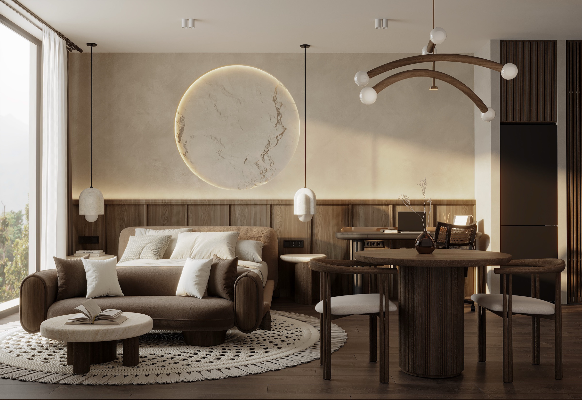 Studio living area with sand-cream walls and moon decor